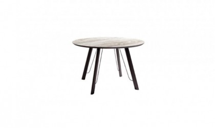 Mesa de comedor redonda con patas metálicas y sobre biselado de 120cm de diámetro y 22mm de espesor en Mallorca.