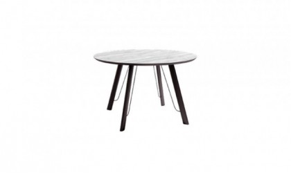 Mesa de comedor redonda con patas metálicas y sobre biselado de 120cm de diámetro y 22mm de espesor en Mallorca.