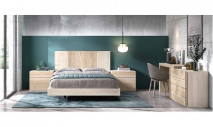 Dormitorio completo en madera tundra con acabados en madera habana