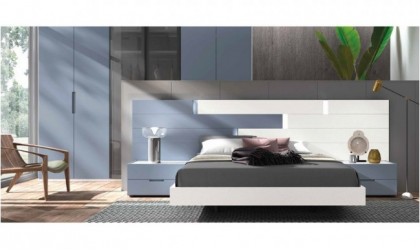 Dormitorio completo compuesto de cabecero, canapé y dos mesitas en madera blanca y azul cobalto