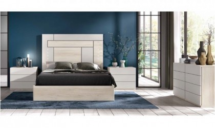 Dormitorio completo compuesto de cabecero, canapé y dos cómodas en madera tundra y gris lacado