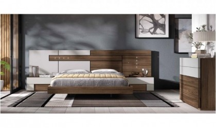 Dormitorio completo compuesto de cabecero, canapé, dos mesitas y cómoda en madera oscura legend y gris lacado