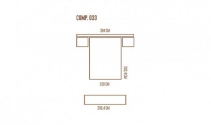 Dormitorio completo con cabecero, base de cama bicolor, dos mesitas y mesa con cómoda en madera con acabados en pizarra lacado