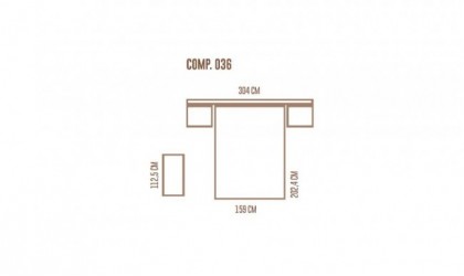 Dormitorio completo compuesto de cabecero, dos mesitas y cómoda en madera blanca y con acabados en madera habana