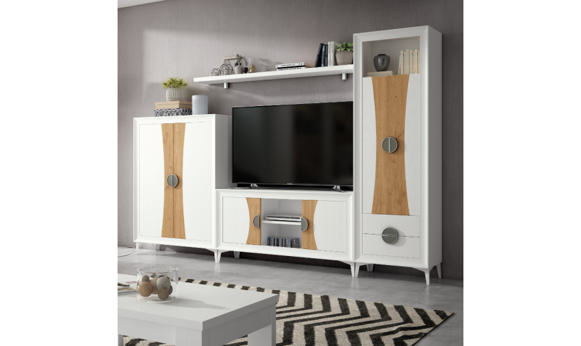 Mueble de salón blanco y detalles de madera
