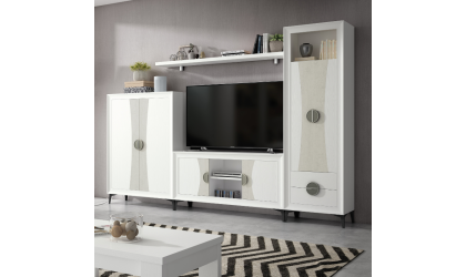 Mueble de salón blanco y detalles de madera