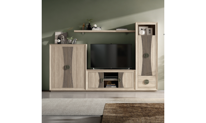Mueble de salón blanco y detalles de madera