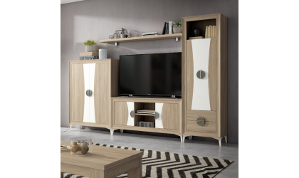 Mueble de salón blanco y detalles de madera