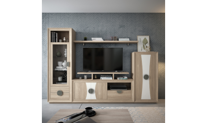 Mueble de salón combinación de blanco y madera