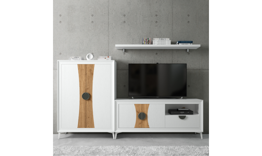 Mueble de salón tonos blanco y madera