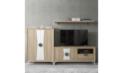 Mueble de salón tonos blanco y madera