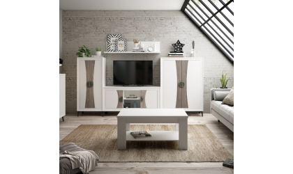 Mueble de salón tonos madera y blanco