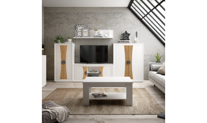 Mueble de salón tonos madera y blanco
