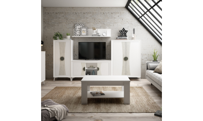 Mueble de salón tonos madera y blanco
