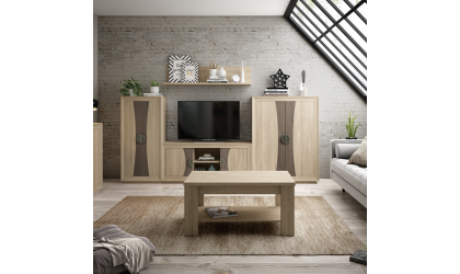 Mueble de salón tonos madera y blanco