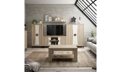 Mueble de salón tonos madera y blanco