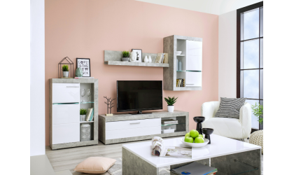 Mueble de salón en blanco y cemento