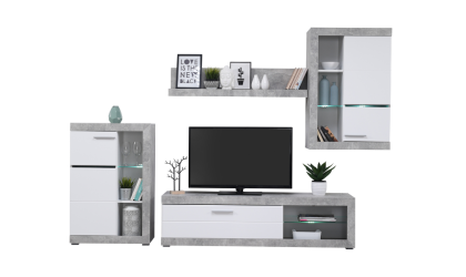 Mueble de salón en blanco y cemento