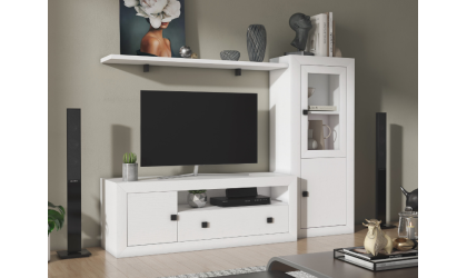 Comedor blanco con vitrina, mueble TV una puerta y estante