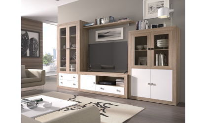 +2 Comedor con vitrina y bodeguero 2 puertas madera/blanco