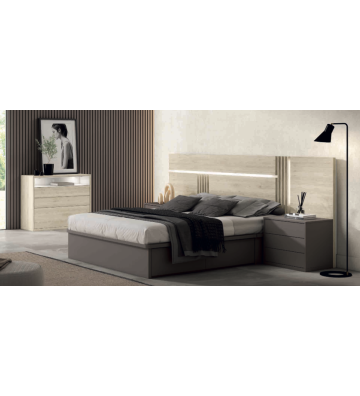 Dormitorio moderno en tono piedra y arena con luz LED