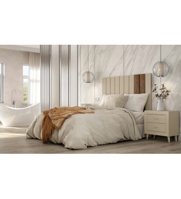 Dormitorio moderno en tonos crema con detalles en madera