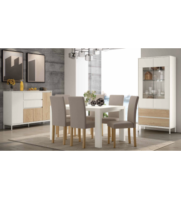 Comedor moderno en blanco mate y roble claro