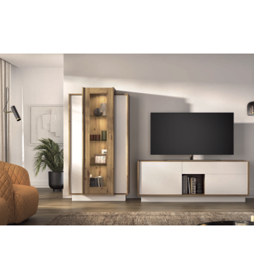 Mueble de salón blanco y roble con vitrina alta LED