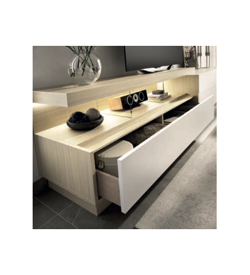 Mueble de salón moderno con iluminación LED en roble claro y blanco