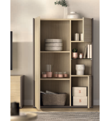 Composición de salón natural con vitrina decorativa y mueble bajo