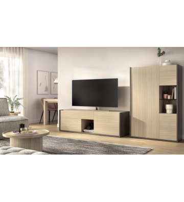 Composición de salón natural con vitrina decorativa y mueble bajo