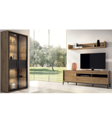Mueble de salón industrial con vitrina iluminada y bajo TV en madera oscura