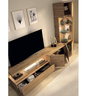 Composición salón moderna en madera con vitrina iluminada