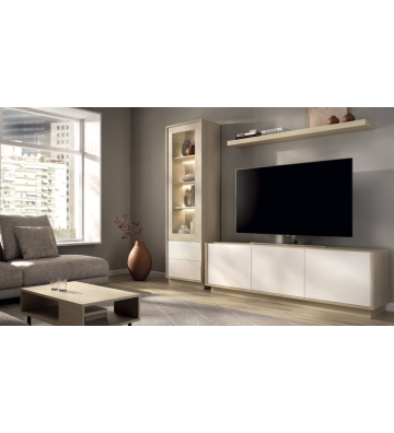 Mueble de salón moderno con vitrina iluminada y puertas blancas