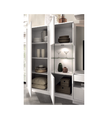Composición de salón moderna blanca con vitrina y módulo TV