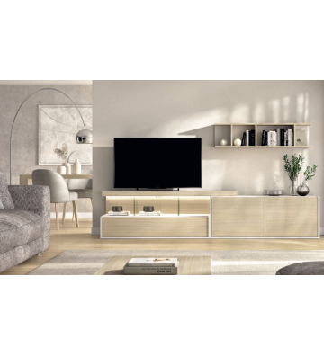 Mueble de salón minimalista en tonos madera y blanco con vitrina LED