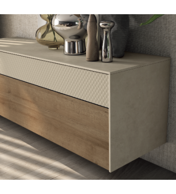 Mueble de salón suspendido con frente decorativo y cajón madera natural