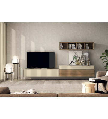 Mueble de salón suspendido con frente decorativo y cajón madera natural