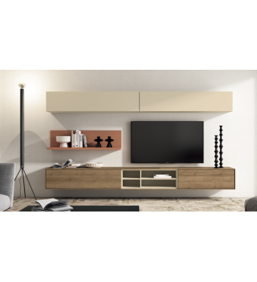 Mueble de salón suspendido con vitrina abierta y estantes en contraste