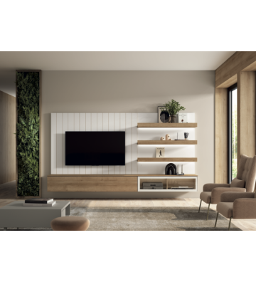 Mueble de salón con panel decorativo y estantería integrada