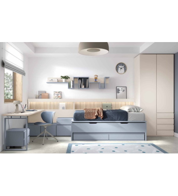 Habitación Juvenil con Cama Compacta Azul y Escritorio en L