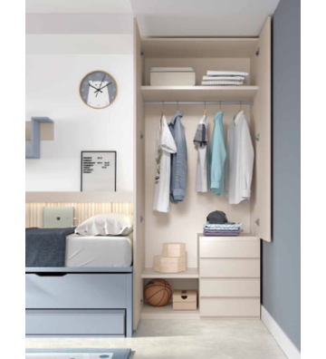 Habitación Juvenil con Cama Compacta Azul y Escritorio en L