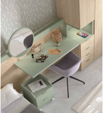 Dormitorio juvenil con tonos verdes y madera natural