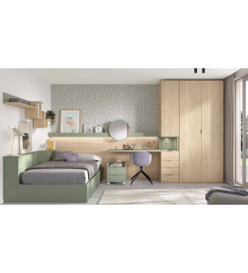 Dormitorio juvenil con tonos verdes y madera natural