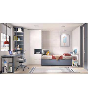 Habitación juvenil con escritorio y cama compacta azul piedra