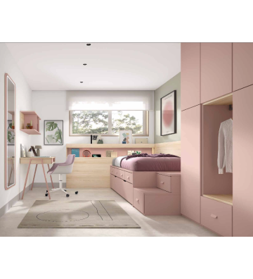 Habitación juvenil con cama modular y armario en rosa empolvado