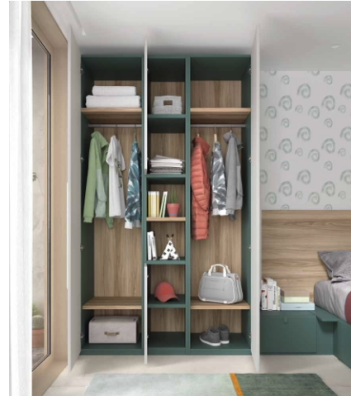 Dormitorio Juvenil en L con Acabado Natural y Verde Botella