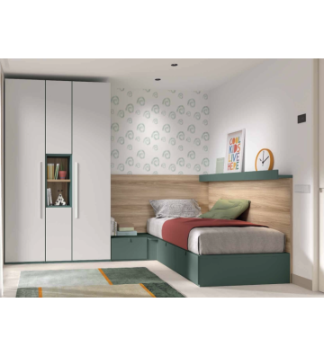 Dormitorio Juvenil en L con Acabado Natural y Verde Botella