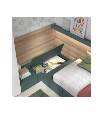 Dormitorio Juvenil en L con Acabado Natural y Verde Botella