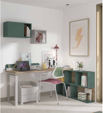 Dormitorio Juvenil en L con Acabado Natural y Verde Botella